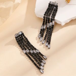 Rhinestone Crystal Black & Clear Tassel Drop Artsy Art Deco Boho Earrings